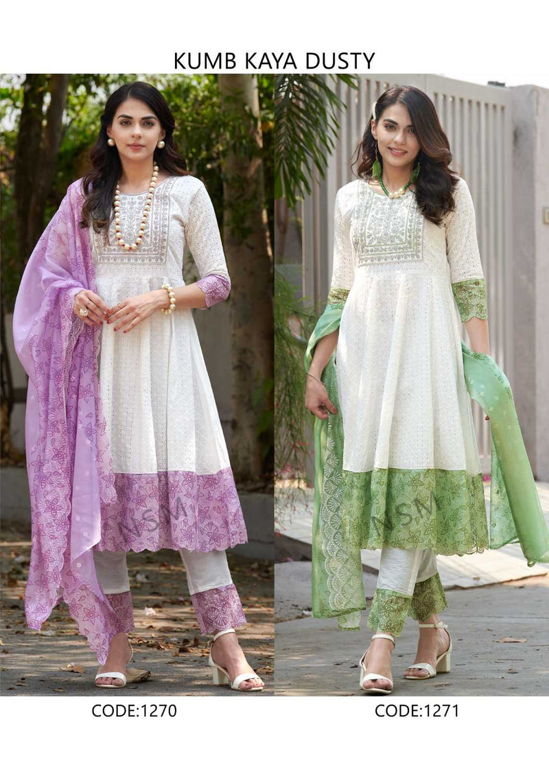 P R Clothing Kumb Kaya Dusty Cotton Heavy Embroidery Shifflei Work Anarkali Style Kurti Set