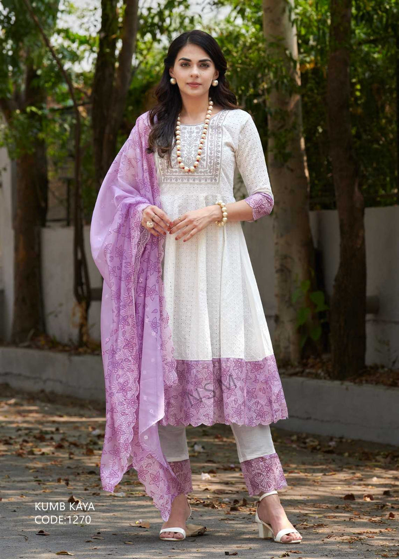 P R Clothing Kumb Kaya Dusty Cotton Heavy Embroidery Shifflei Work Anarkali Style Kurti Set