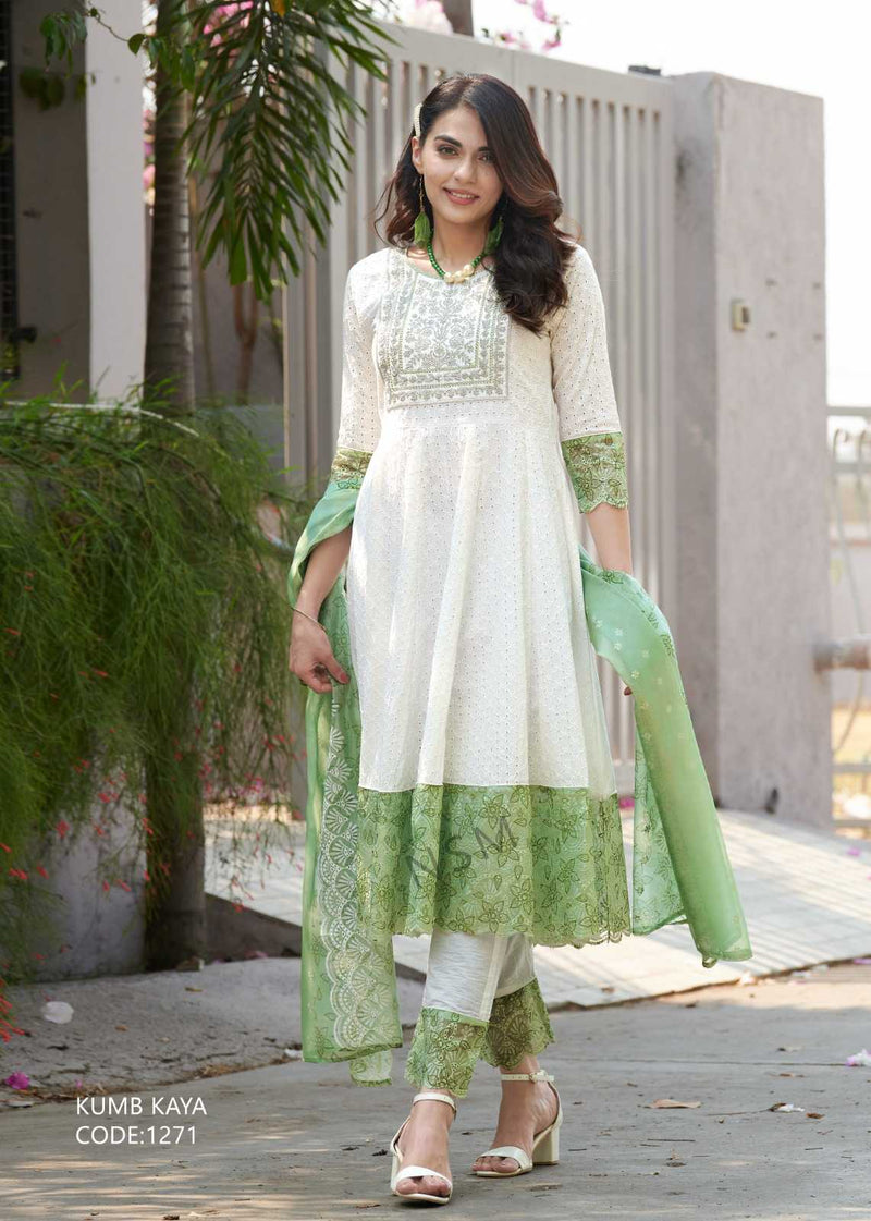 P R Clothing Kumb Kaya Dusty Cotton Heavy Embroidery Shifflei Work Anarkali Style Kurti Set