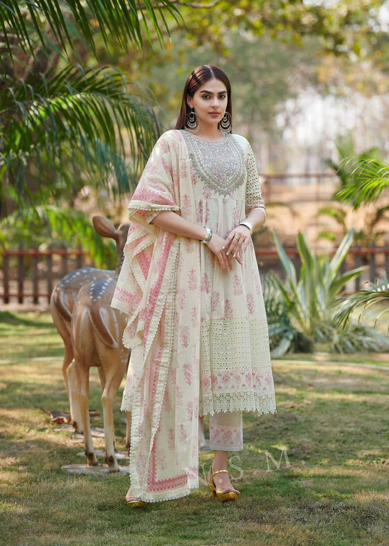 P R Clothing Pr Raja Rani Pure Cotton  Heavy Embroidery Anarkali Style Kurti Set