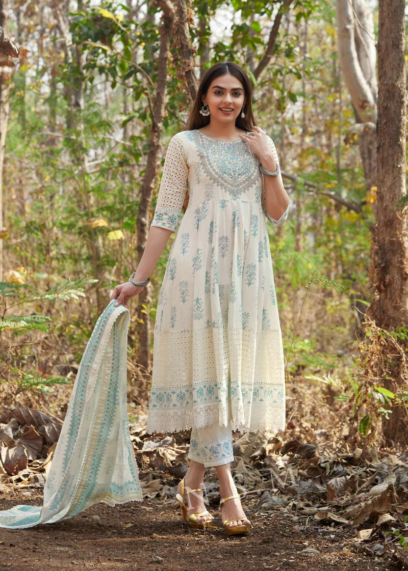 P R Clothing Pr Raja Rani Pure Cotton  Heavy Embroidery Anarkali Style Kurti Set