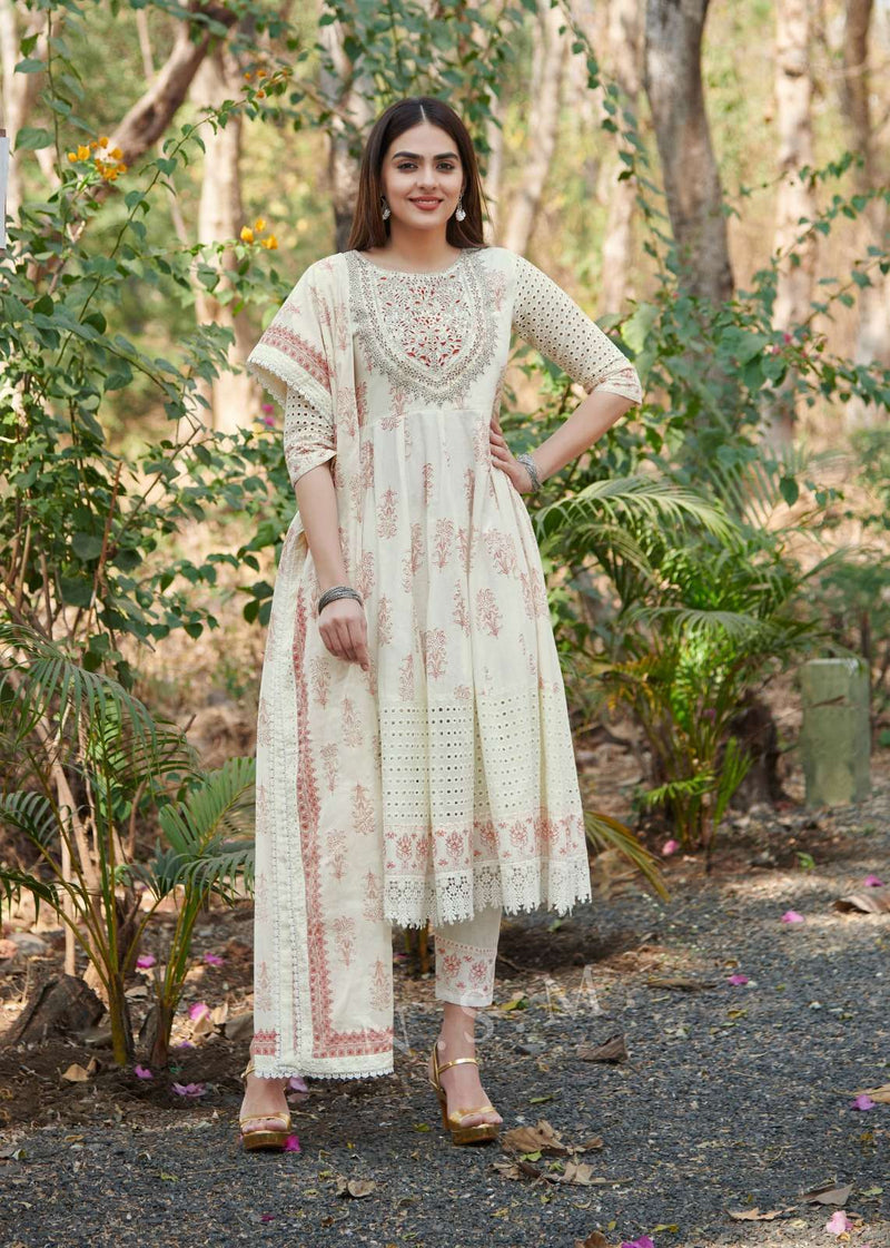 P R Clothing Pr Raja Rani Pure Cotton  Heavy Embroidery Anarkali Style Kurti Set