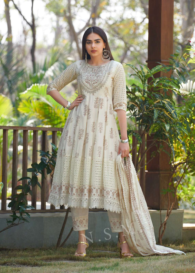P R Clothing Pr Raja Rani Pure Cotton  Heavy Embroidery Anarkali Style Kurti Set