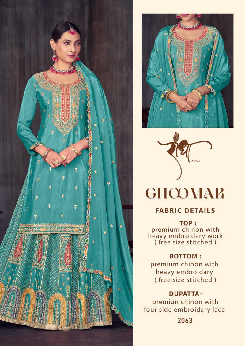 Radha Trendz Ghoomar Chinon Heavy Embroidary Work Kurti Skirt Dupatta Set