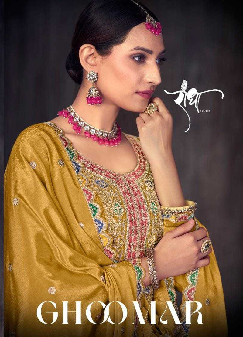Radha Trendz Ghoomar Chinon Heavy Embroidary Work Kurti Skirt Dupatta Set