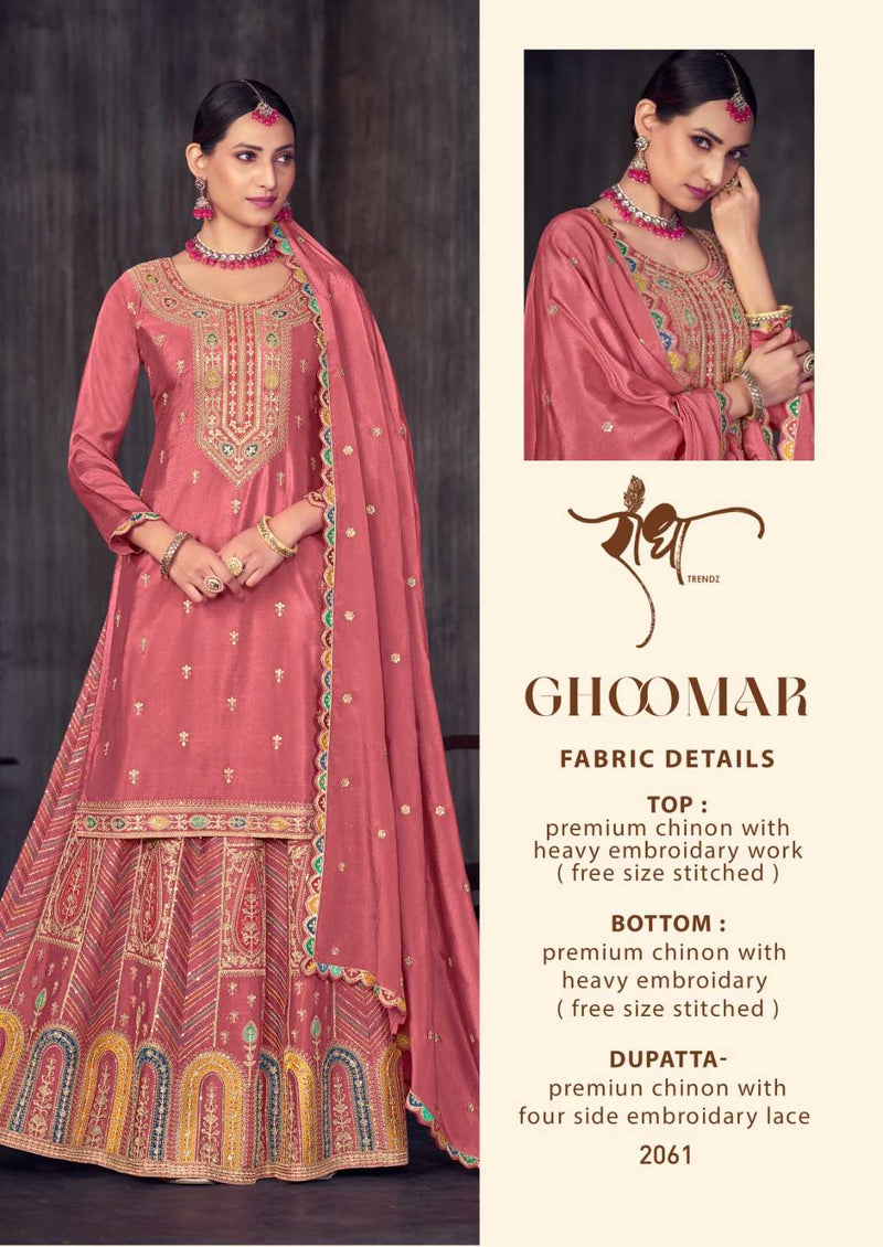 Radha Trendz Ghoomar Chinon Heavy Embroidary Work Kurti Skirt Dupatta Set