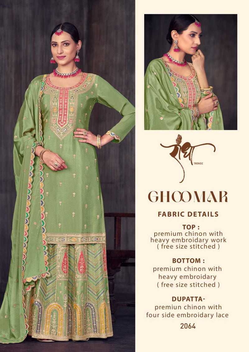 Radha Trendz Ghoomar Chinon Heavy Embroidary Work Kurti Skirt Dupatta Set