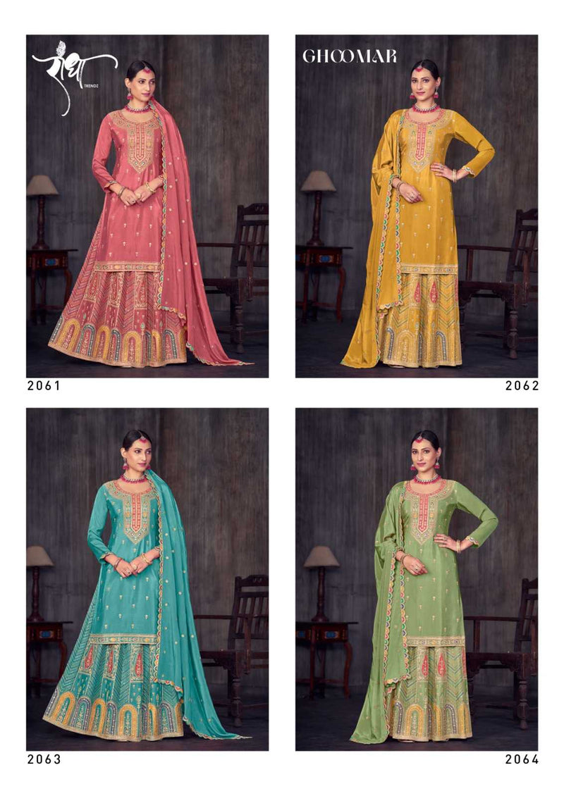 Radha Trendz Ghoomar Chinon Heavy Embroidary Work Kurti Skirt Dupatta Set