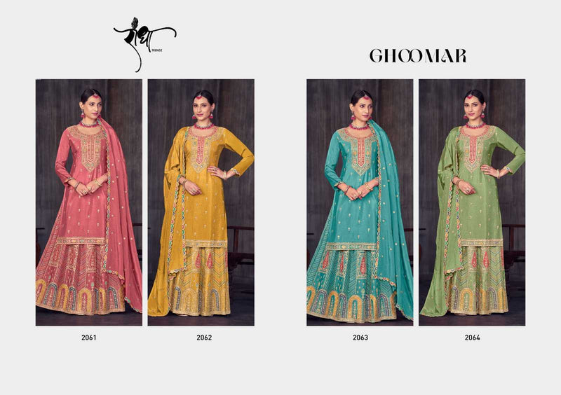 Radha Trendz Ghoomar Chinon Heavy Embroidary Work Kurti Skirt Dupatta Set