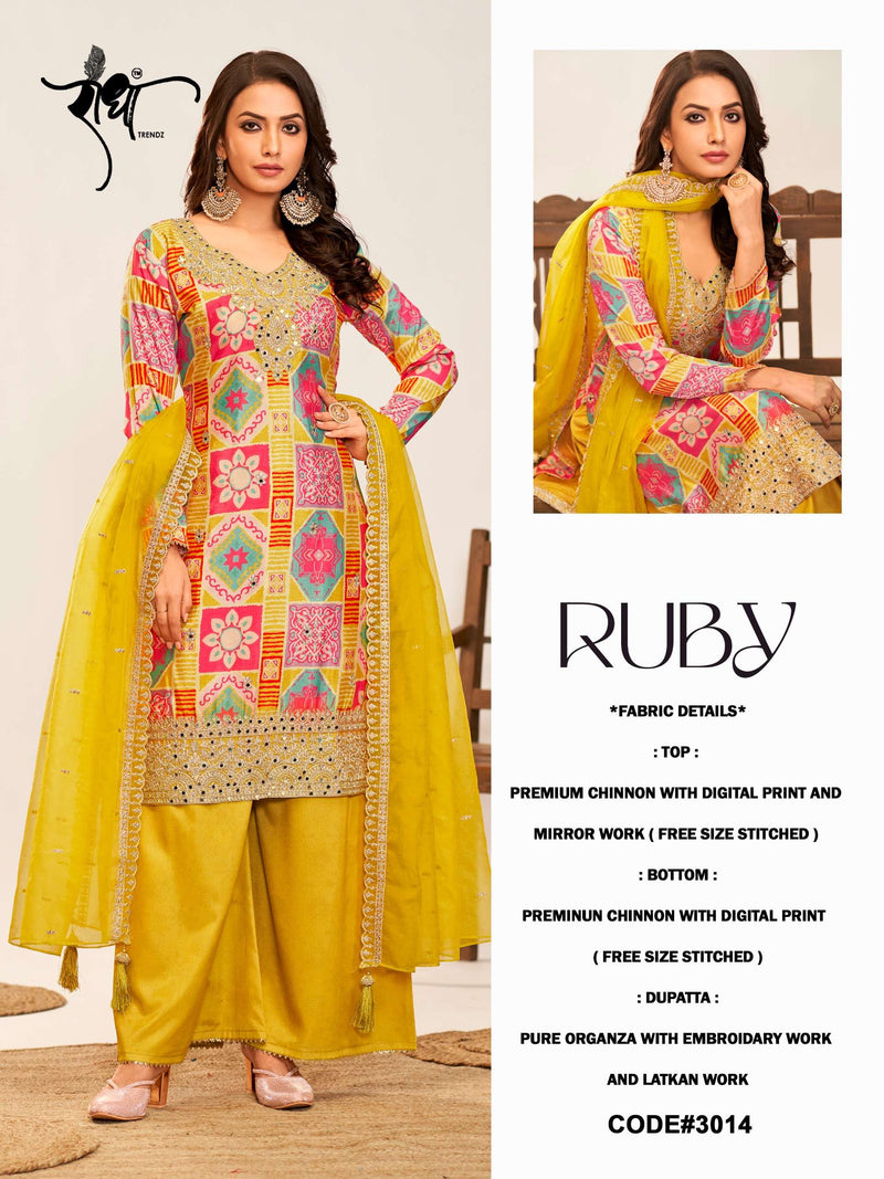 Radha Trendz Ruby Chinon Heavy Embroidary Work Designer Kurti Sharara Dupatta Set