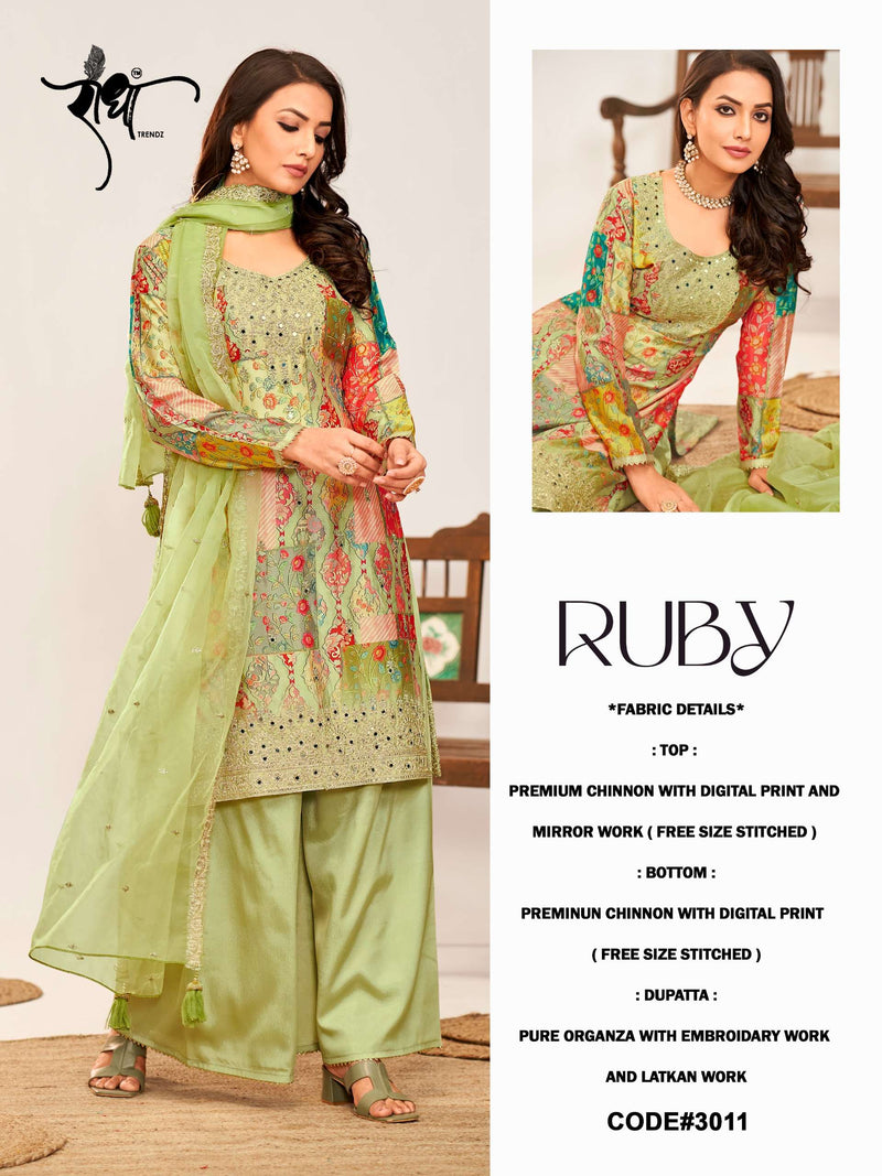 Radha Trendz Ruby Chinon Heavy Embroidary Work Designer Kurti Sharara Dupatta Set