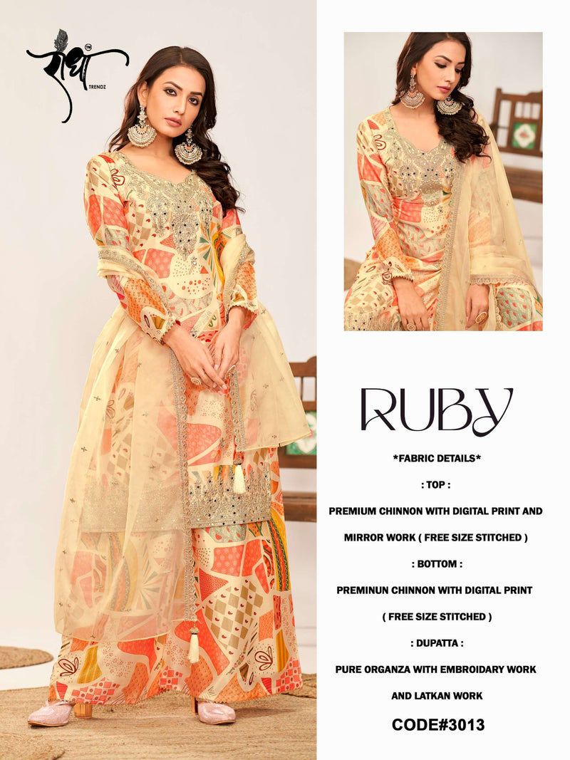Radha Trendz Ruby Chinon Heavy Embroidary Work Designer Kurti Sharara Dupatta Set