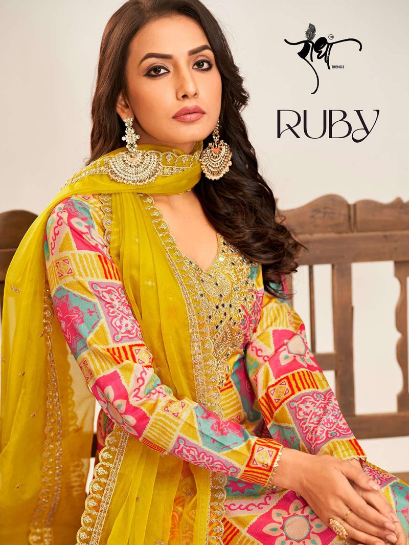 Radha Trendz Ruby Chinon Heavy Embroidary Work Designer Kurti Sharara Dupatta Set