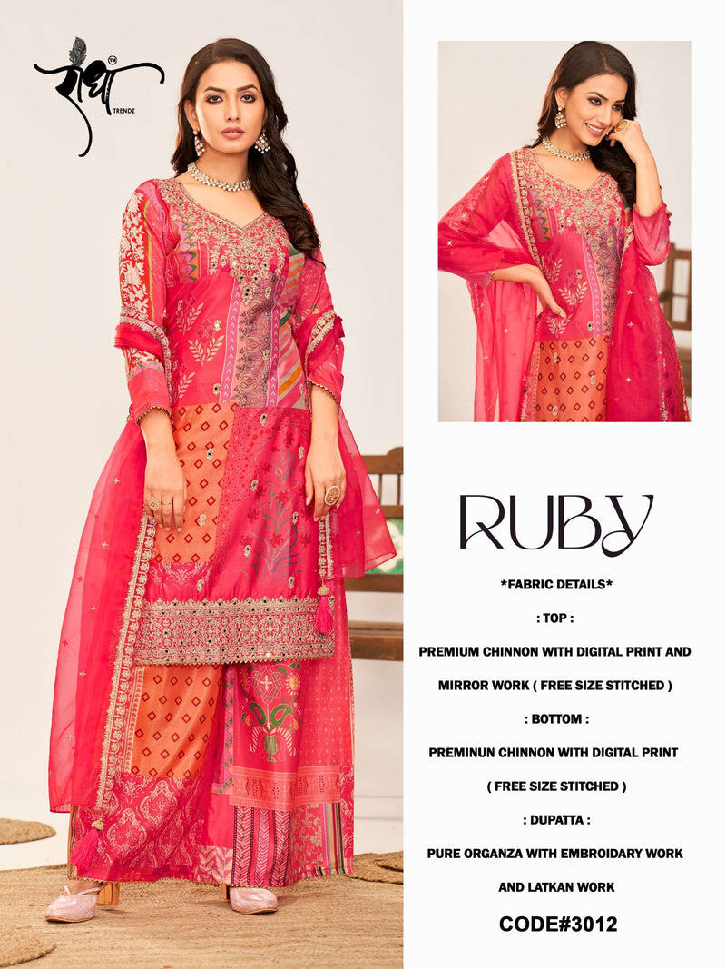 Radha Trendz Ruby Chinon Heavy Embroidary Work Designer Kurti Sharara Dupatta Set