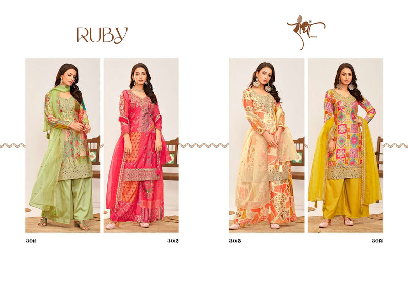 Radha Trendz Ruby Chinon Heavy Embroidary Work Designer Kurti Sharara Dupatta Set