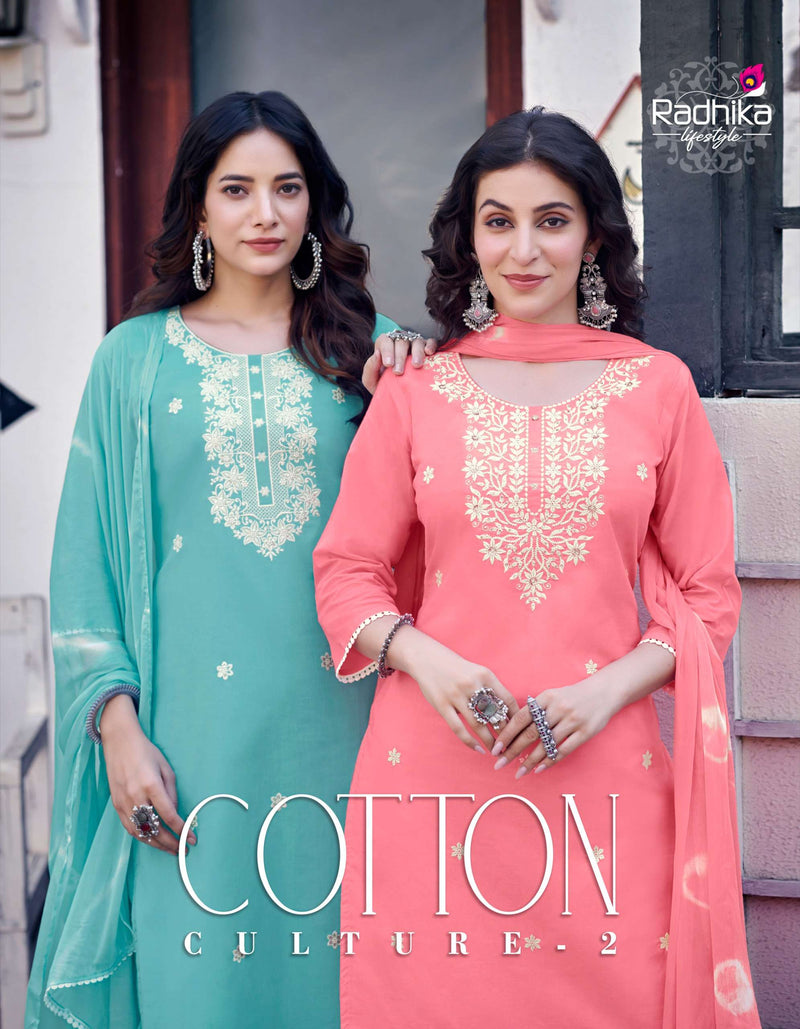 Radhika Lifestyle Cotton Culture Vol 2 Cotton Embroidery Work Kurti Pant & Dupatta Set