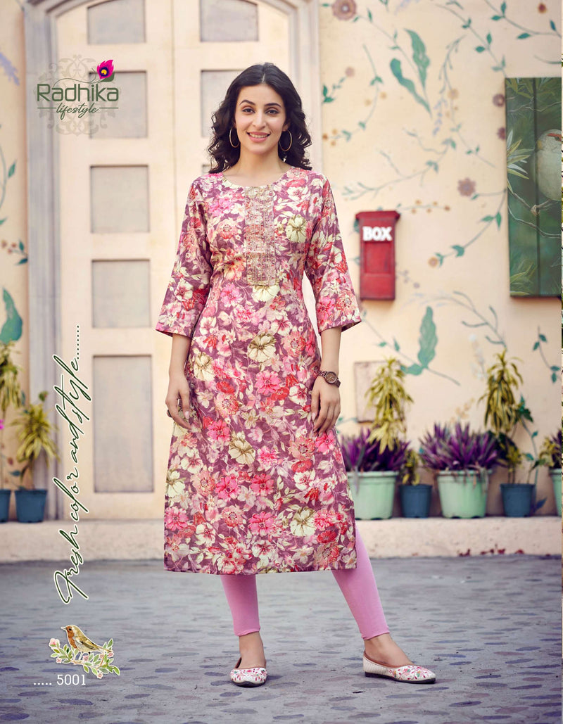 Radhika Lifestyle Charming Vol 5Modal Chanderi Fancy Straight Daily Waer Kurti
