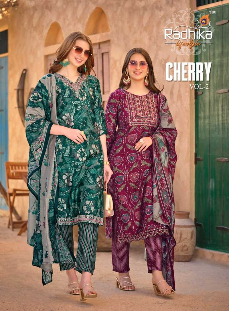 Radhika Lifestyle Cherry Vol 2 Modal Muslin Print Embroidery Work With Lace Kurti Pant With Dupatta