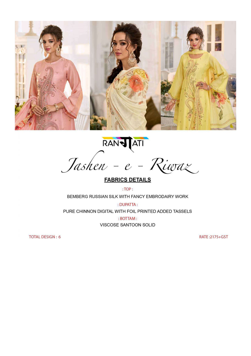 Rangati Jashen E Riwaz Bemberg Russian Silk Embrodairy Work Designer Salwar Suit