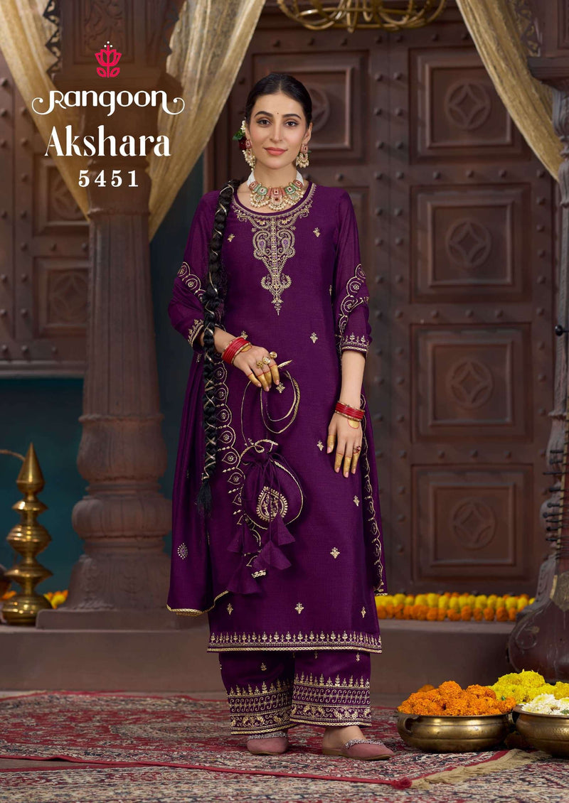 Rangoon Akshara Silk Fancy Code Work Wedding Wear Suit Collection