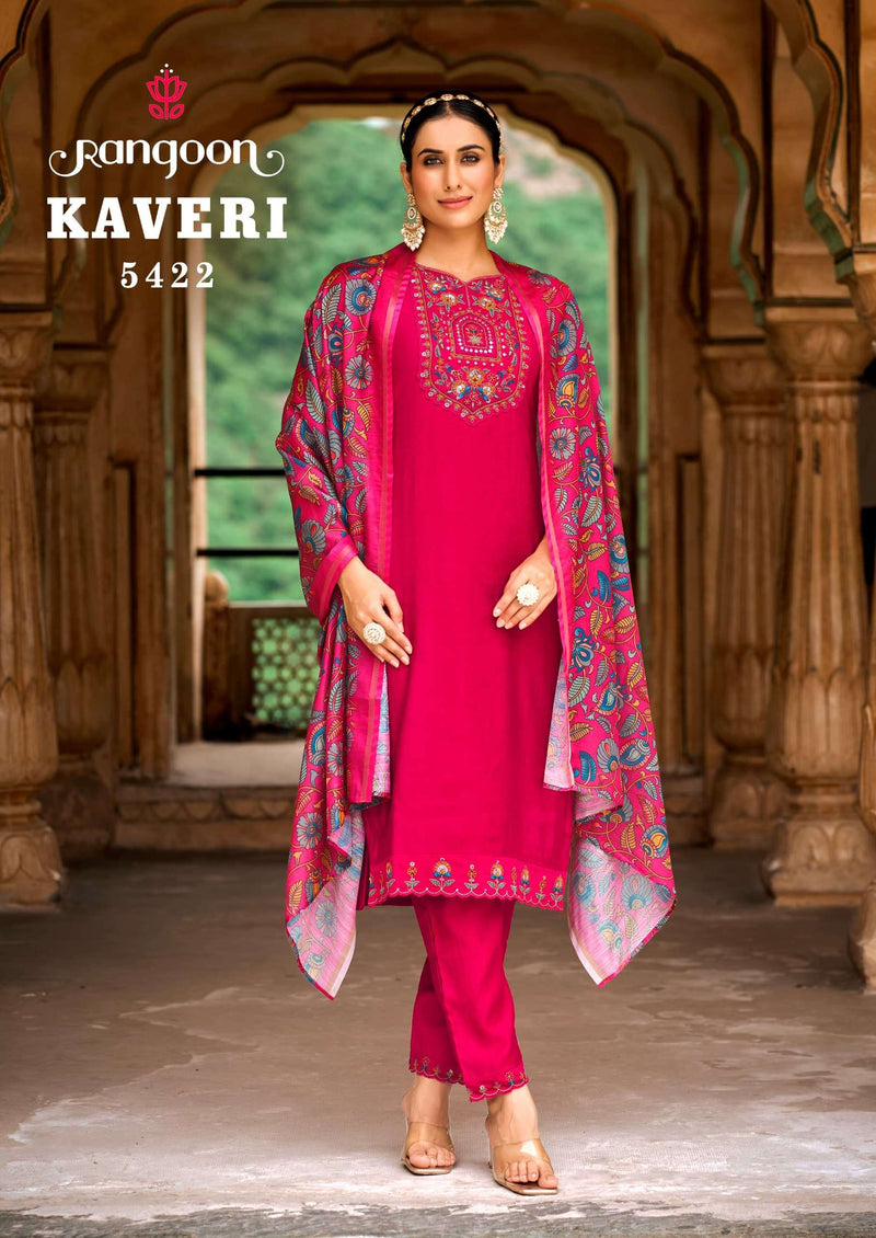 Rangoon Kaveri Viscos Handwork Mirror Work Designer Kurti Pant Dupatta Set