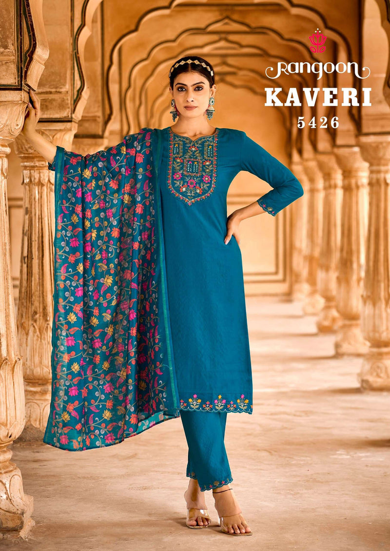 Rangoon Kaveri Viscos Handwork Mirror Work Designer Kurti Pant Dupatta Set