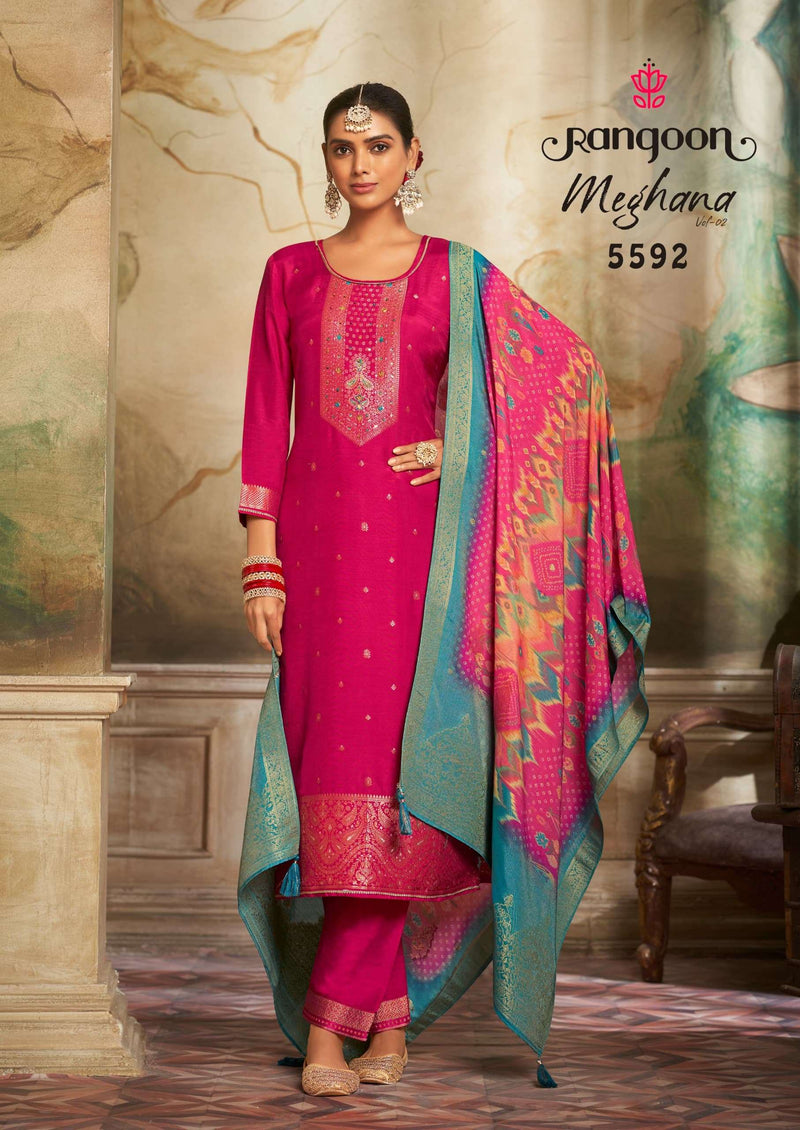 Rangoon Meghana Vol 2 Jacquard Khatli Handwork Festiv Wear Kurti Pant Dupatta Set
