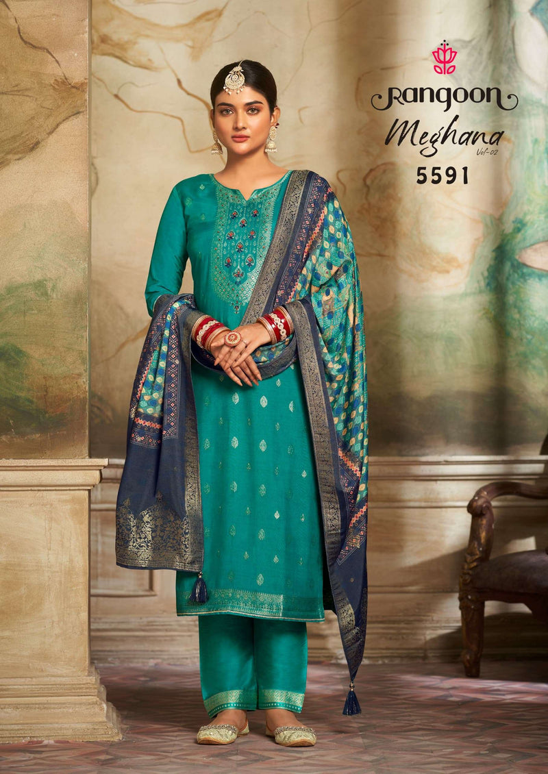 Rangoon Meghana Vol 2 Jacquard Khatli Handwork Festiv Wear Kurti Pant Dupatta Set