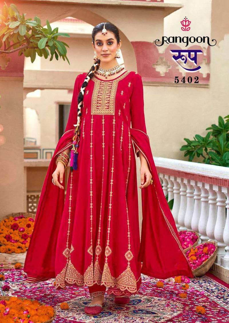 Rangoon Roop Silk Fancy Embroidery Kali Work Anarkali Style Kurti Pant Dupatta Set