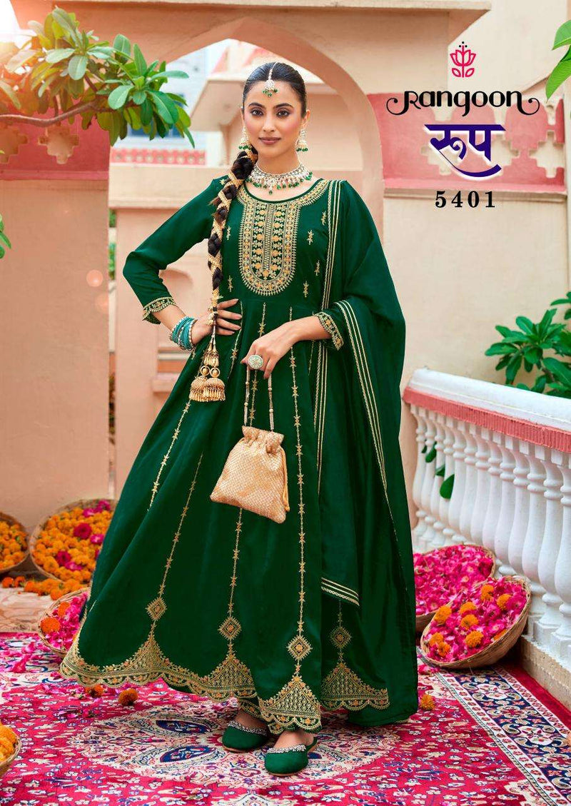 Rangoon Roop Silk Fancy Embroidery Kali Work Anarkali Style Kurti Pant Dupatta Set
