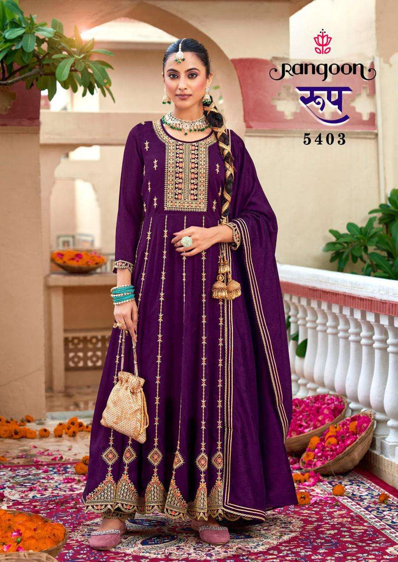 Rangoon Roop Silk Fancy Embroidery Kali Work Anarkali Style Kurti Pant Dupatta Set
