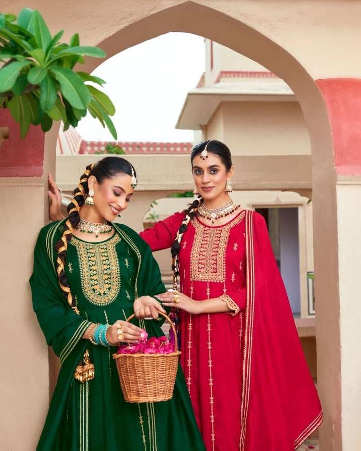 Rangoon Roop Silk Fancy Embroidery Kali Work Anarkali Style Kurti Pant Dupatta Set