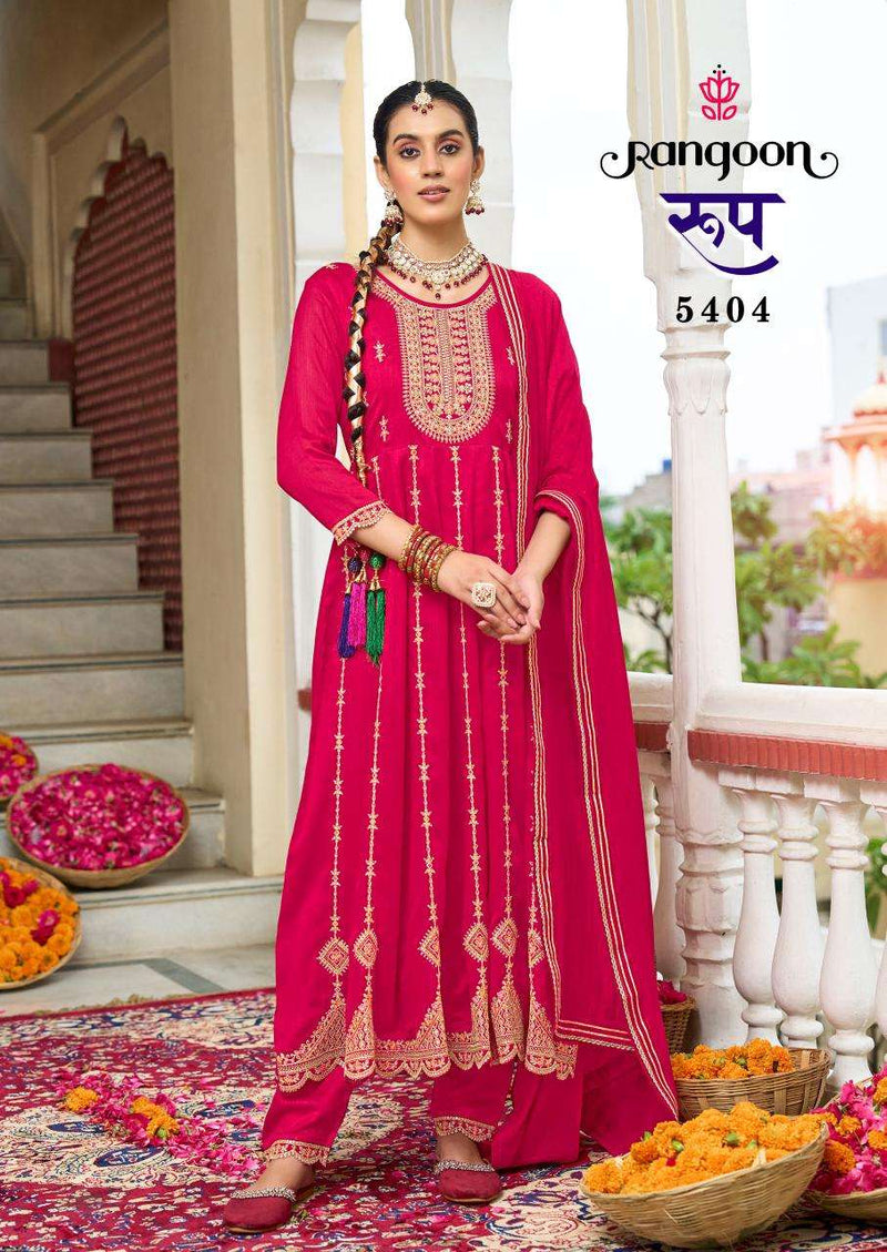 Rangoon Roop Silk Fancy Embroidery Kali Work Anarkali Style Kurti Pant Dupatta Set