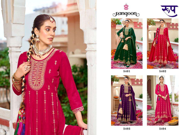 Rangoon Roop Silk Fancy Embroidery Kali Work Anarkali Style Kurti Pant Dupatta Set