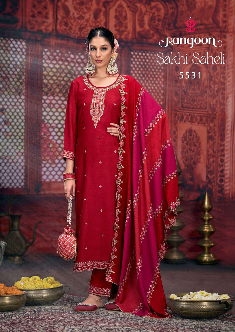 Rangoon Sakhi Saheli  Silk Fancy Work Wedding Wear Kurti Pant Dupatta Set