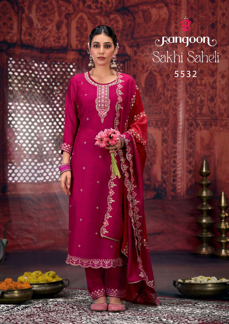 Rangoon Sakhi Saheli  Silk Fancy Work Wedding Wear Kurti Pant Dupatta Set