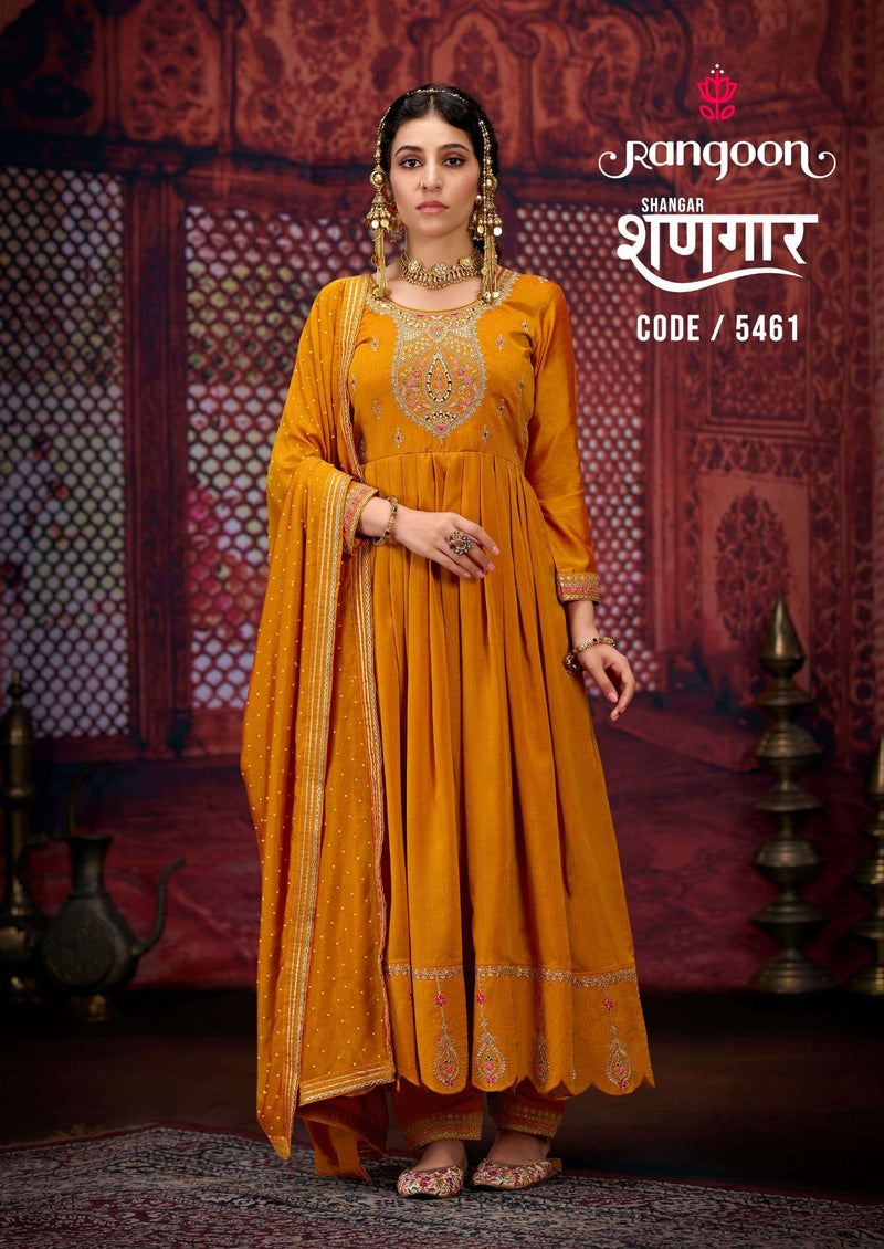 Rangoon Shangar Silk Hand Mirror Work Anarkali Style  Designer Kurti Pant Dupatta Set