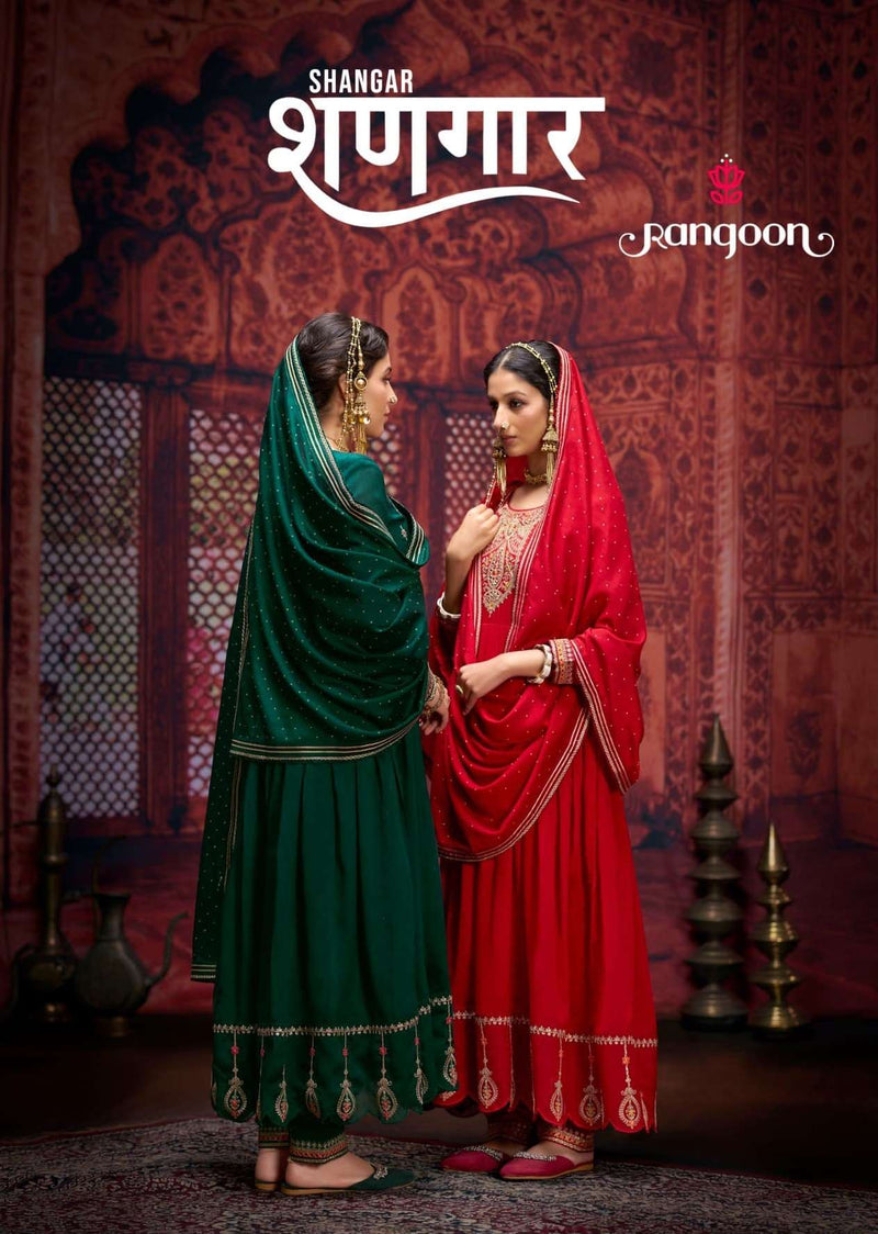 Rangoon Shangar Silk Hand Mirror Work Anarkali Style  Designer Kurti Pant Dupatta Set