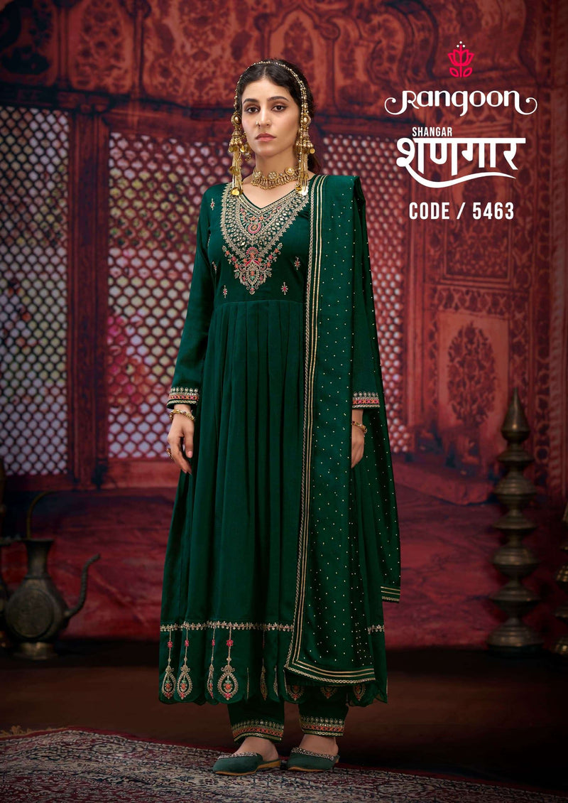 Rangoon Shangar Silk Hand Mirror Work Anarkali Style  Designer Kurti Pant Dupatta Set