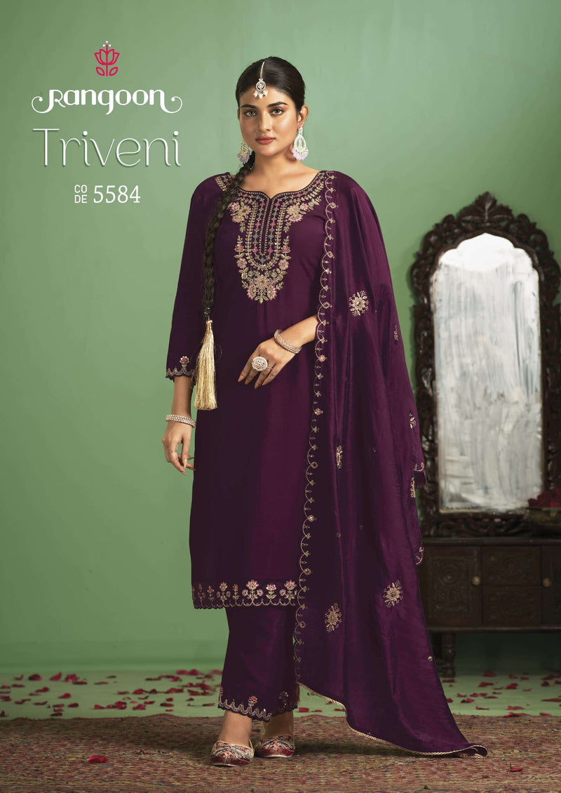 Rangoon Triveni Silk Fancy Embroidery Work Designer Festiv Wear Kurti Pant Dupatta Set