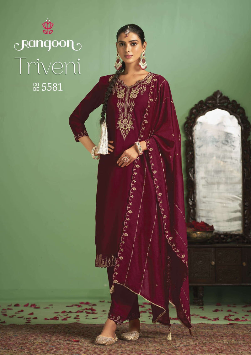 Rangoon Triveni Silk Fancy Embroidery Work Designer Festiv Wear Kurti Pant Dupatta Set