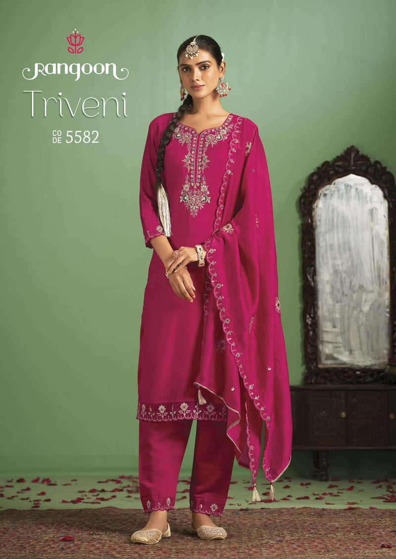 Rangoon Triveni Silk Fancy Embroidery Work Designer Festiv Wear Kurti Pant Dupatta Set