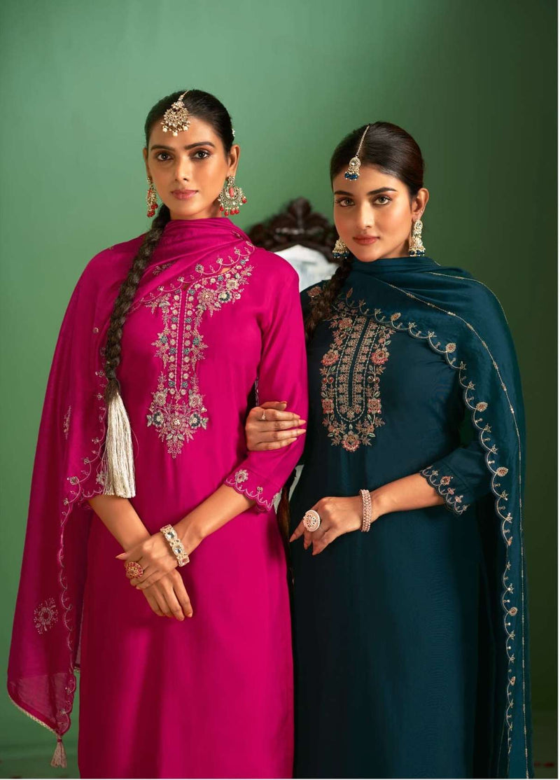Rangoon Triveni Silk Fancy Embroidery Work Designer Festiv Wear Kurti Pant Dupatta Set