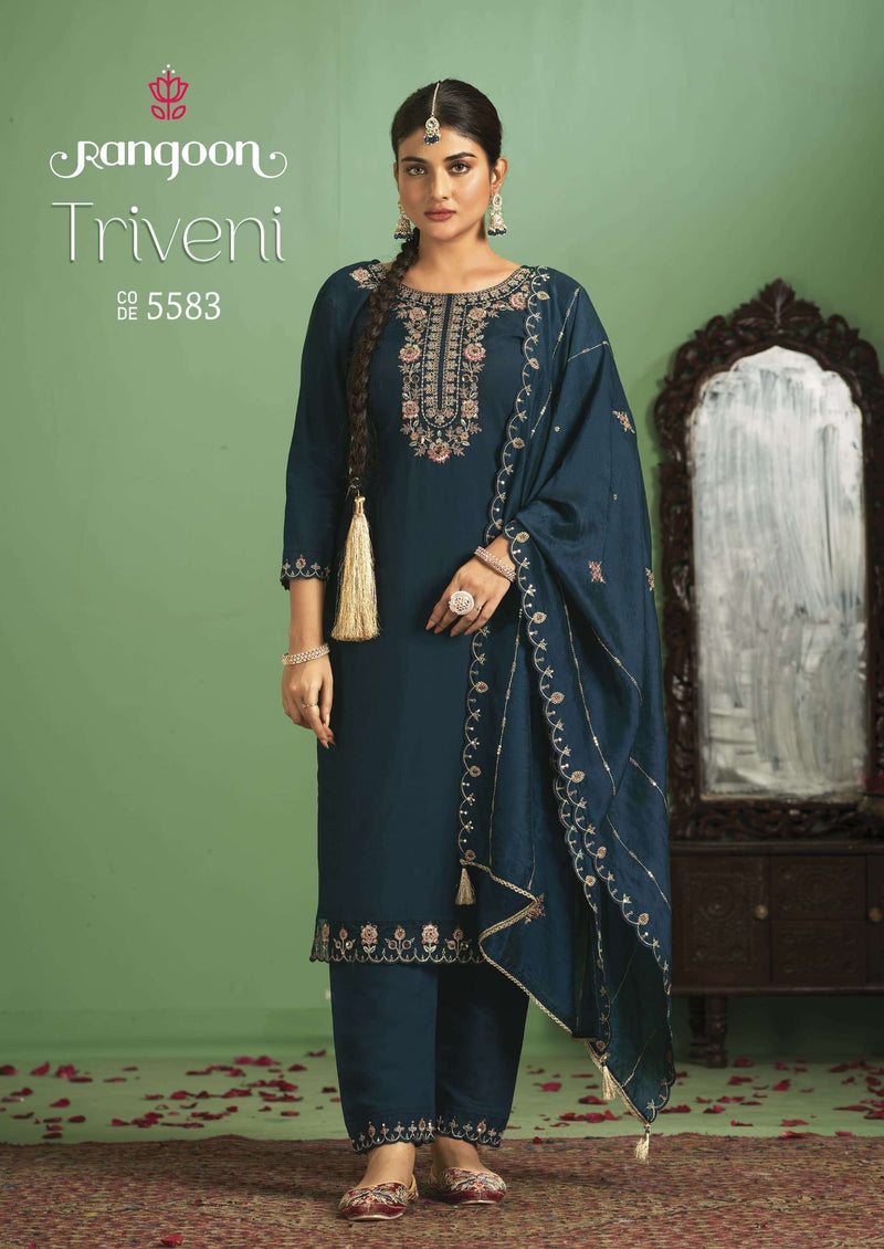 Rangoon Triveni Silk Fancy Embroidery Work Designer Festiv Wear Kurti Pant Dupatta Set