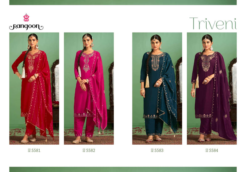 Rangoon Triveni Silk Fancy Embroidery Work Designer Festiv Wear Kurti Pant Dupatta Set