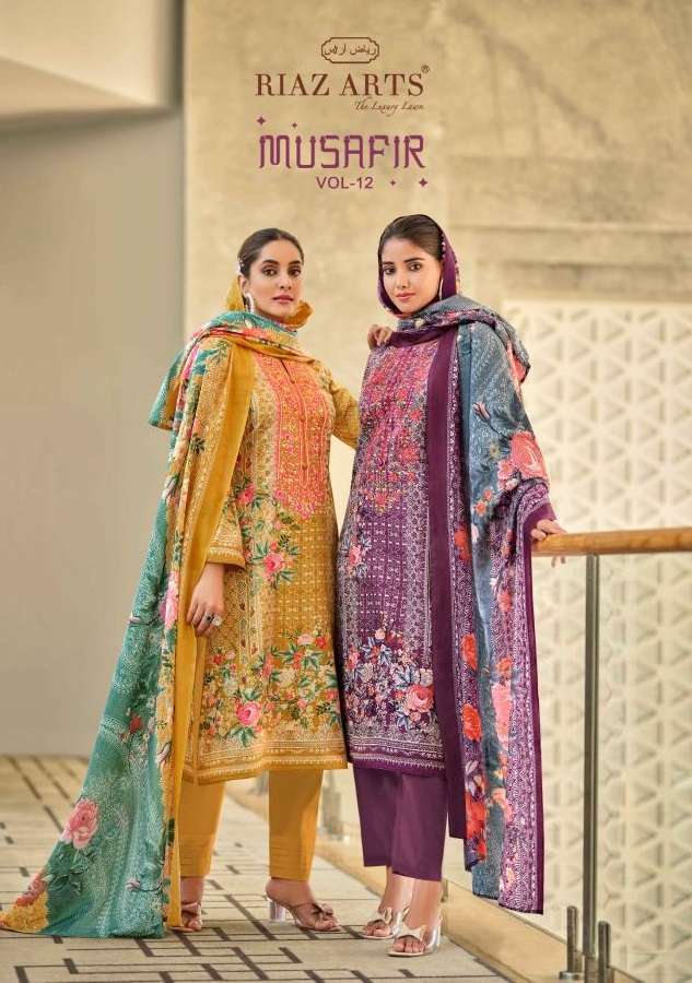 Riaz Arts Musafir Vol 12 Lawn Cotton Heavy Pakistani Neck Embroidery Salwar Suit