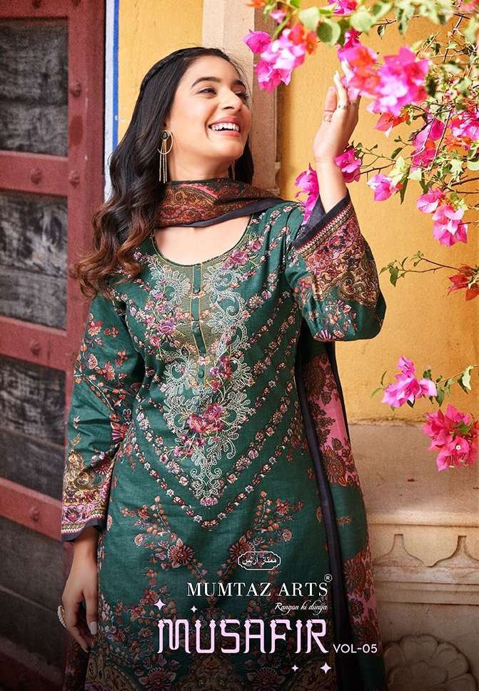 Riaz Arts Musafir Vol 5 Lawn Cotton Camric Digital  Print With Heavy Pakistani Neck Embroidery Salwar Kameez