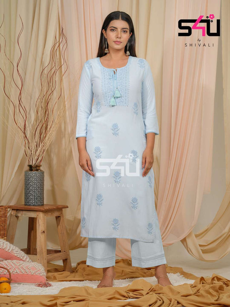 S4u The Chikankari Collection Amazing Designer Work Kurti With Pant Combo Set