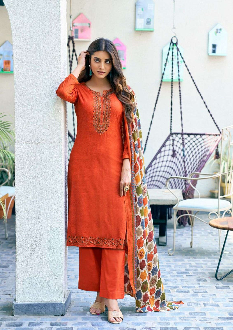 Saanvi Trends Romani Heavy Cotton Printed Embroidery Fancy Work Suit