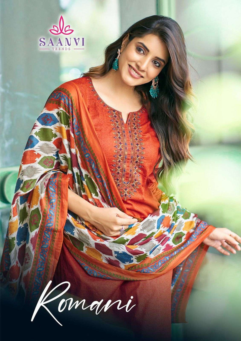 Saanvi Trends Romani Heavy Cotton Printed Embroidery Fancy Work Suit